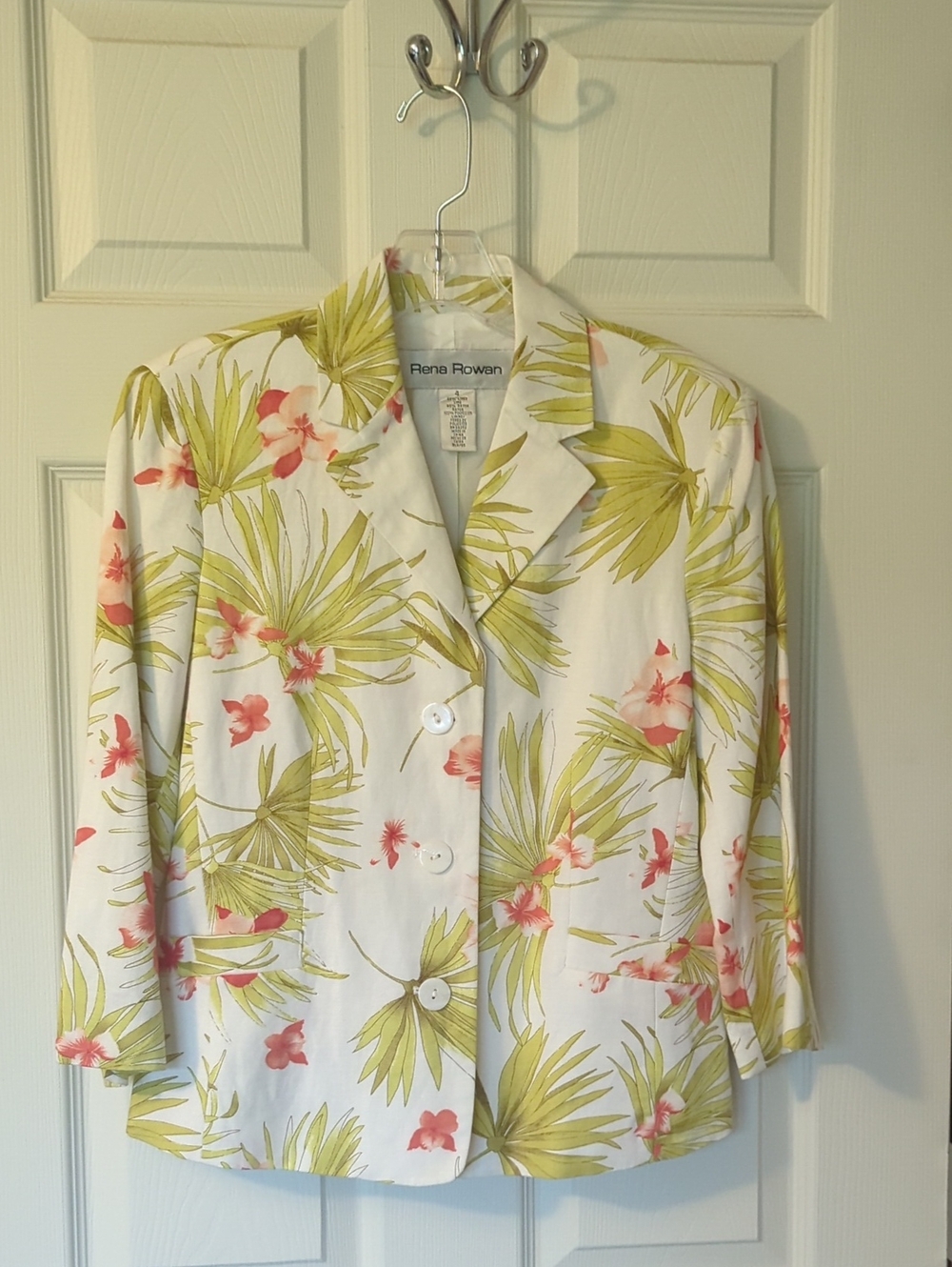Rena Rowan White Blazer with Green Palm & Pink Floral Print